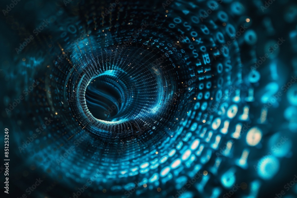 A digital vortex with swirling glitches, fragments of code and data spiraling towards its corrupted center A digital vortex with swirling glitches, fragments of code and data spiraling towards its corrupted center