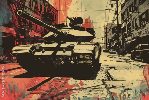 A vintage-style poster featuring an Military tank M1 Abrams in an urban combat setting The text emphasizes the tanks adaptability