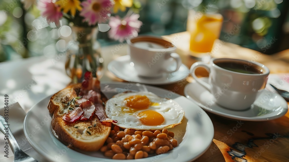 English breakfast with eggs bacon beans English breakfast with eggs bacon beans