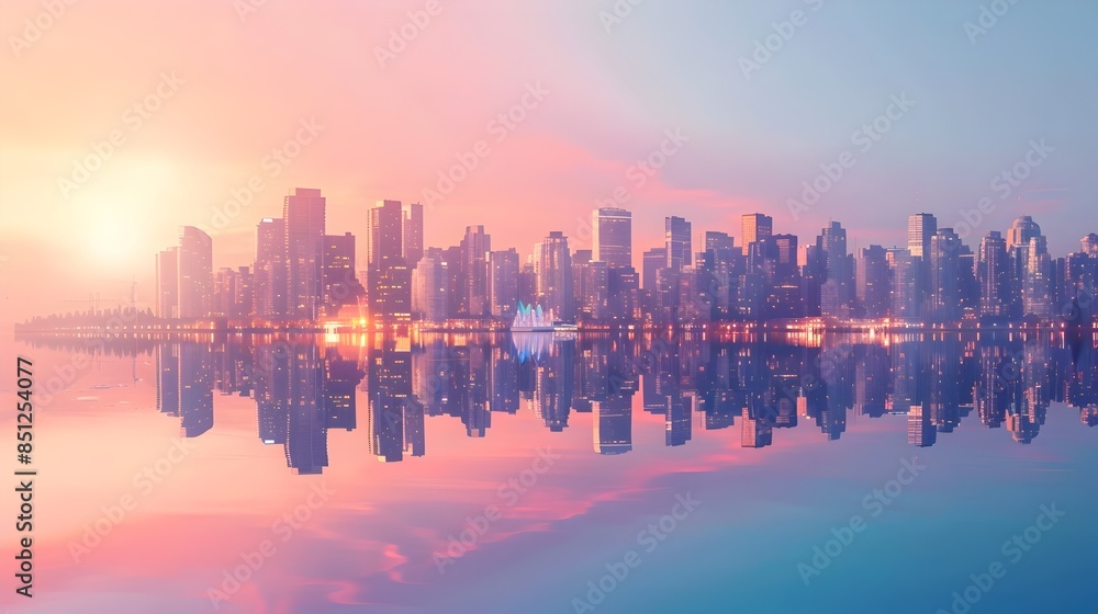 Fototapeta premium Magnificent Urban Skyline Reflecting in Tranquil Waterfront at Sunset