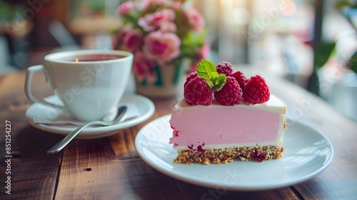 Raspberry cheesecake with cream picture