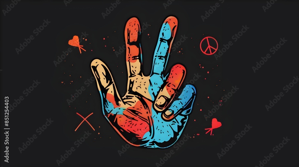 Naklejka premium Vibrant Psychedelic Hand Painting with Peace Sign and Retro Colors