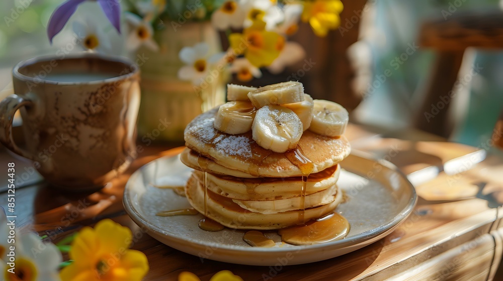 Pancakes with bananas and maple syrup image Pancakes with bananas and maple syrup image