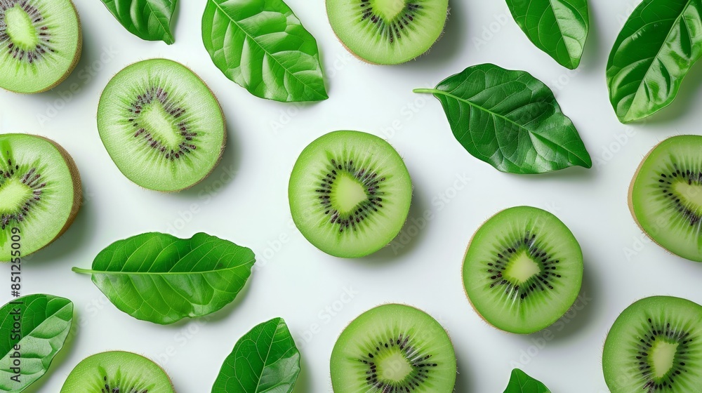 Fototapeta premium Green Kiwi Slices and Leaves Pattern