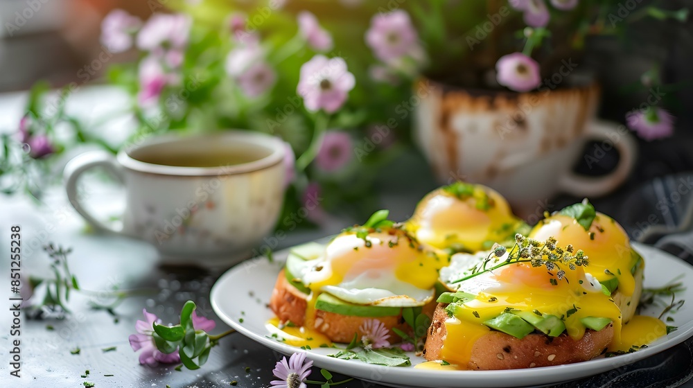 Toast with avocado and eggs benedict Toast with avocado and eggs benedict
