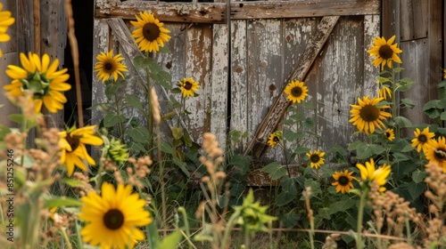 Close-up of a weathered barn door framed by vibrant sunflowers, capturing the rustic charm of a summer landscape