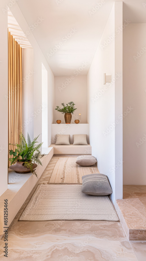 Serene minimalist room corner in a luxury residence with a mix of warm and neutral tones. Real Estate interior design composition with minimal furniture. Serene minimalist room corner in a luxury residence with a mix of warm and neutral tones. Real Estate interior design composition with minimal furniture.