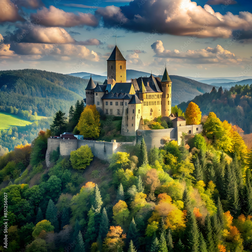 Fototapeta premium a medieval castle perched on a hilltop surrounded