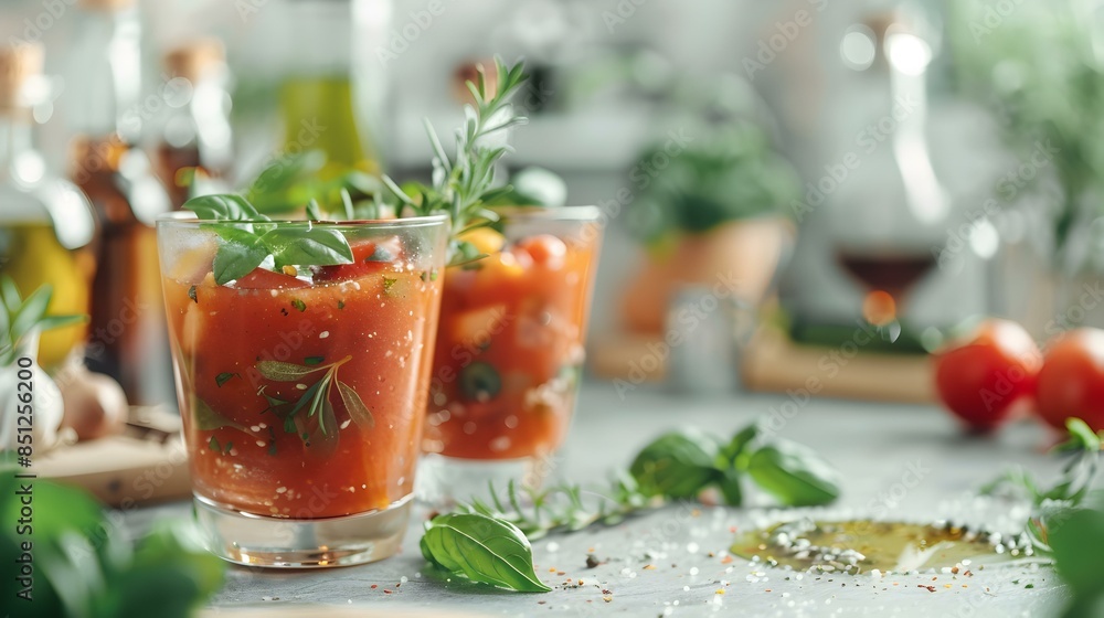Gazpacho in a glass decorated with olive image Gazpacho in a glass decorated with olive image