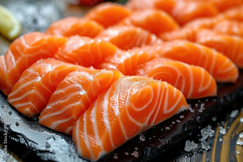 Close-Up View of Freshly Sliced Salmon Sashimi Prepared for Traditional Japanese Cuisine Close-Up View of Freshly Sliced Salmon Sashimi Prepared for Traditional Japanese Cuisine
