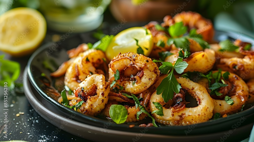 Fried squid with sauce on a plate image Fried squid with sauce on a plate image