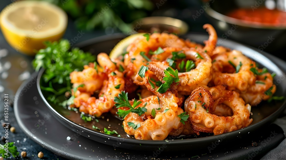 Fried squid with sauce on a plate Fried squid with sauce on a plate