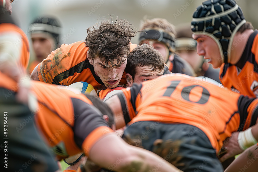 Fototapeta premium Intense moment of a rugby scrum, with players from opposing teams locked in a physical battle for possession of the ball