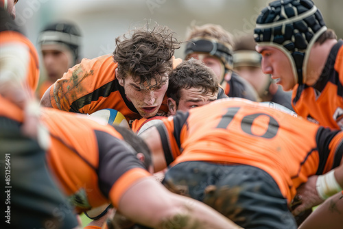 Intense moment of a rugby scrum, with players from opposing teams locked in a physical battle for possession of the ball photo