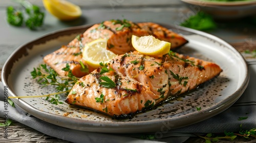 Grilled salmon on a plate decorated image