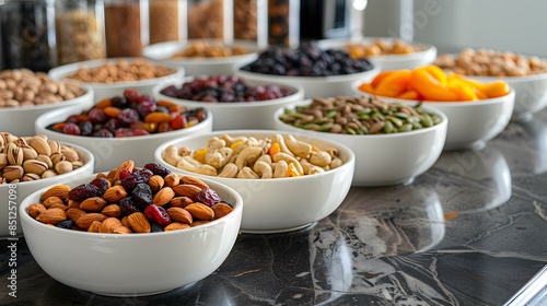 Nuts and dried fruits in ceramic bowls img