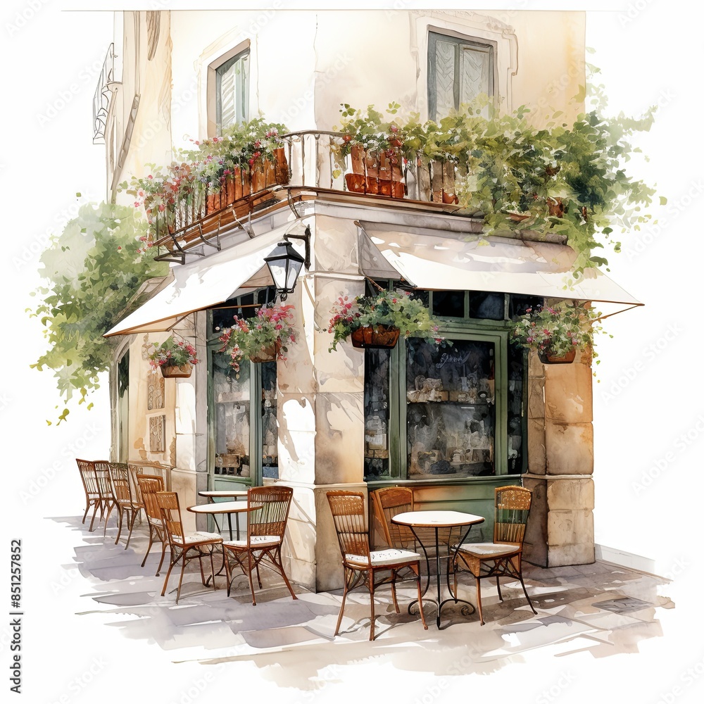 Obraz premium Street cafe with outdoor seating watercolor clipart illustration on white background