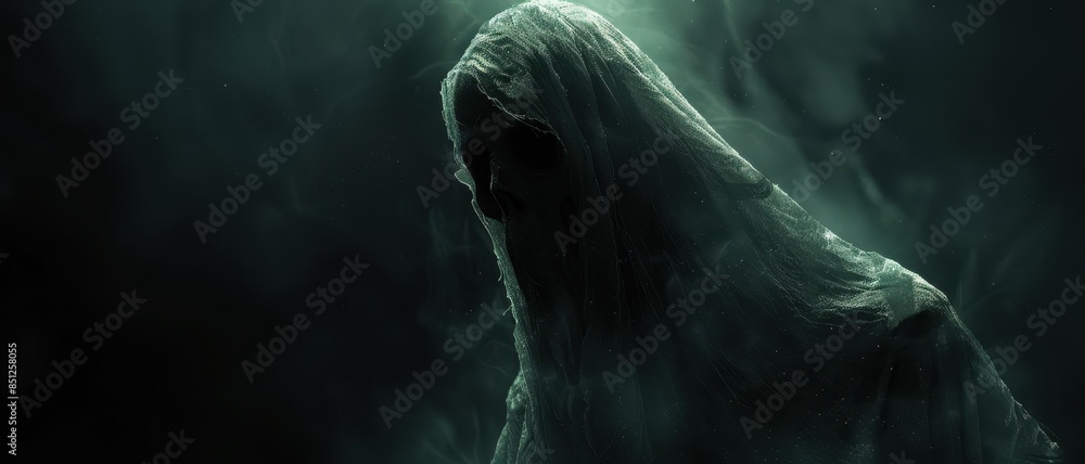 Naklejka premium Eerie Ghostly Figure in Dark Foggy Atmosphere - Perfect for Halloween and Horror Themes