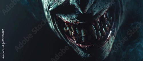 Creepy Close-Up of a Sinister Grinning Face with Bloody Teeth for Helloween Horror Theme