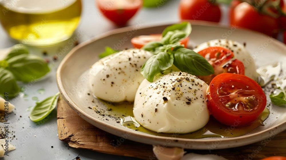 Mozzarella cheese with tomatoes on a plate picture Mozzarella cheese with tomatoes on a plate picture
