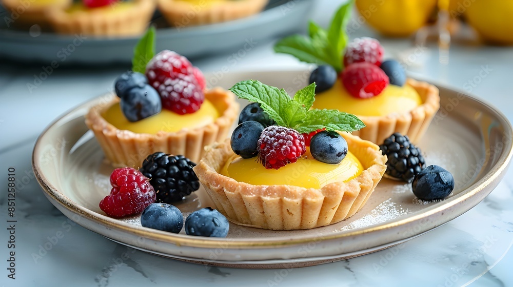 Lemon curd tartlets on a plate decorated image Lemon curd tartlets on a plate decorated image