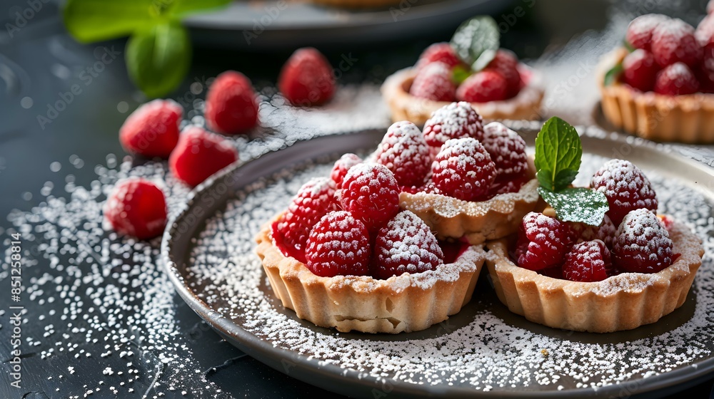 Raspberry tartlets on a plate decorated image Raspberry tartlets on a plate decorated image