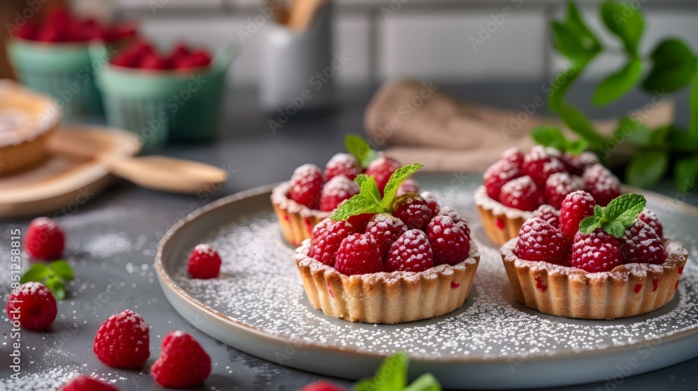 Raspberry tartlets on a plate decorated picture Raspberry tartlets on a plate decorated picture