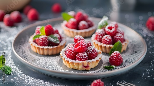 Raspberry tartlets on a plate decorated