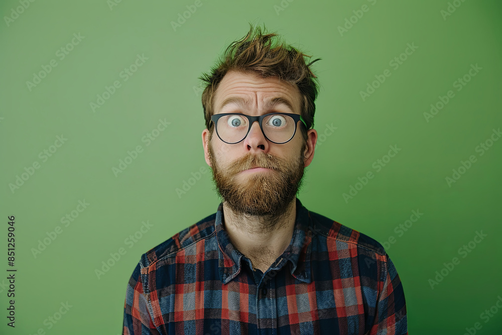Obraz premium Expressive portrait of a nerdy individual against a green background, conveying a sense of doubt, skepticism, or uncertainty through their facial expression and body language
