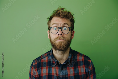 Expressive portrait of a nerdy individual against a green background, conveying a sense of doubt, skepticism, or uncertainty through their facial expression and body language photo