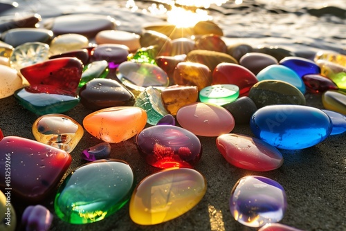 A beautiful array of polished sea glass stones in red, orange, yellow, green, blue, indigo, and violet, scattered on a sunlit beach. The smooth textures and vibrant colors photo