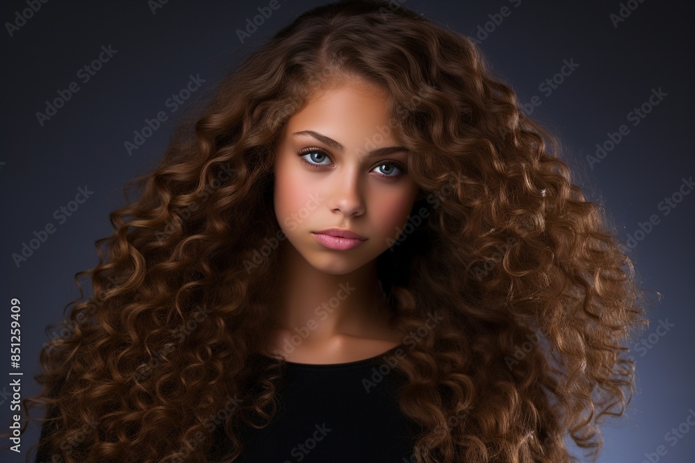 A woman with long brown hair is standing in front of a dark background A woman with long brown hair is standing in front of a dark background