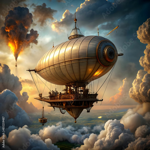 a steampunk airship navigating through cloudy skie photo