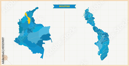 A Map highlighting Bolivar in the Colombia Map, Bolivar and Colombia modern map with Colorful Hi detailed Vector, geographical borders