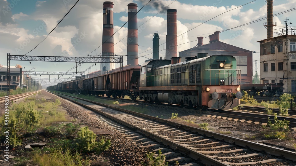 Obraz premium Cargo train traveling through an industrial area img