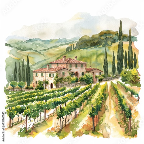 Countryside vineyard with farmhouse watercolor clipart illustration on white background