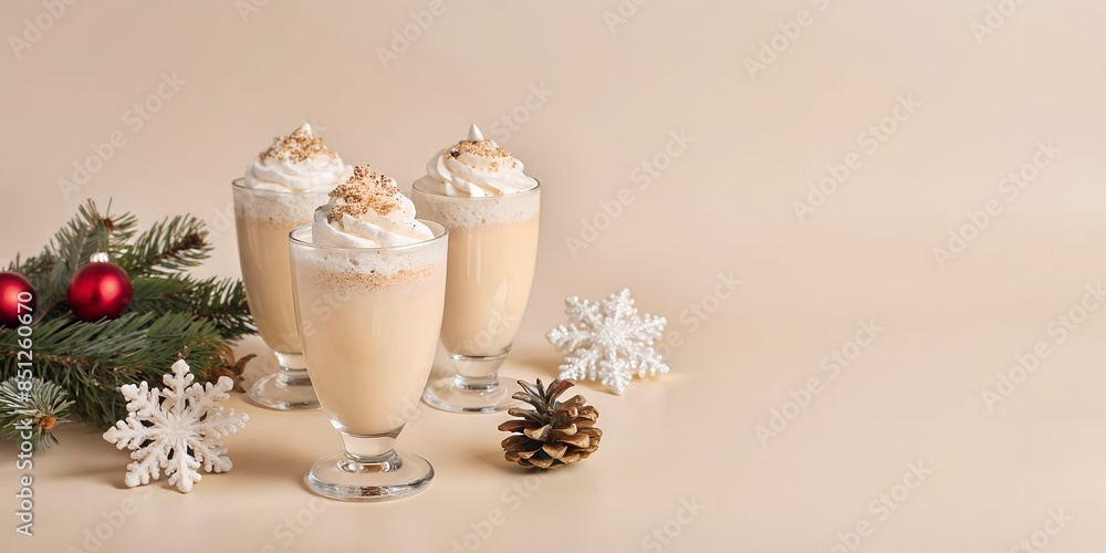 Christmas Tom and Jerry cocktail or eggnog with whipped cream in glasses on decorated background. Tom and Jerry drinks. Christmas Tom and Jerry cocktail or eggnog with whipped cream in glasses on decorated background. Tom and Jerry drinks.