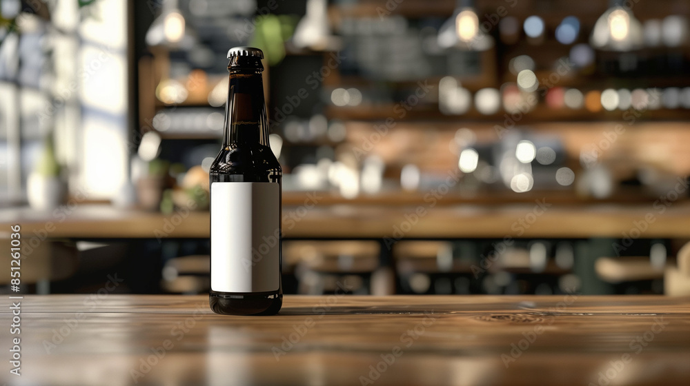 mockup black beer bottle on wooden table, bottle with blank white label, cafe table background with slight blur, Ai Generated Images mockup black beer bottle on wooden table, bottle with blank white label, cafe table background with slight blur, Ai Generated Images