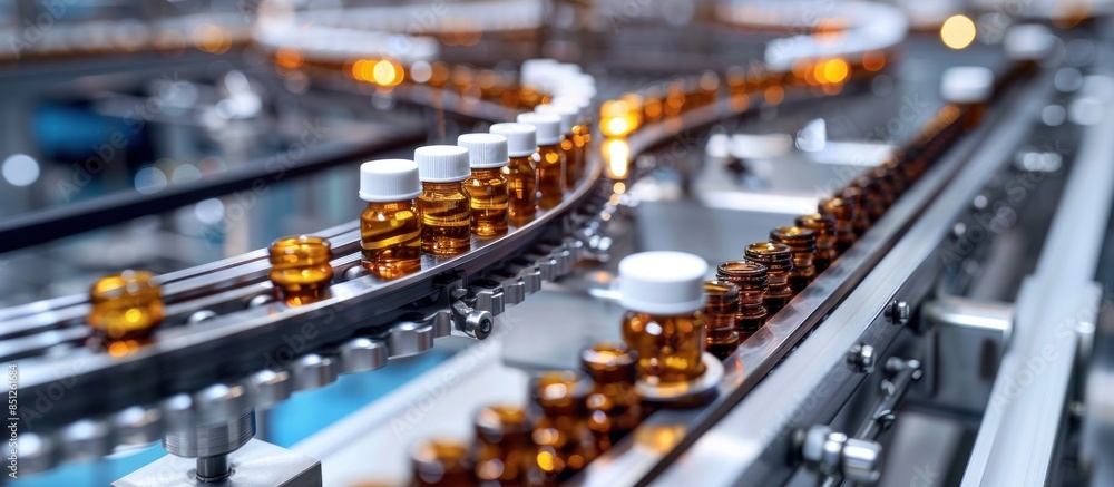 Bottles Moving Along a Conveyor Belt in a Pharmaceutical Factory Bottles Moving Along a Conveyor Belt in a Pharmaceutical Factory
