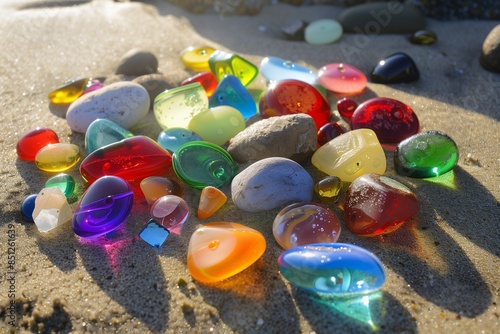 A variety of polished sea glass stones in red, orange, yellow, green, blue, indigo, and violet, scattered across the sandy beach. The sunlight reflects off the stones, creating a dazzl photo