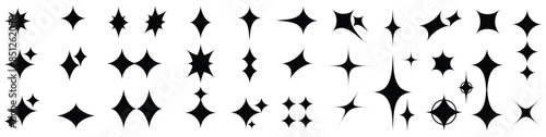 Set of Sparkles Stars. y2k star, bling abstract tattoo shapes. sunburst and starburst. minimal geometric signs in retro 2000s style.