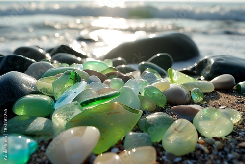 An assortment of green and blue polished sea glass stones, artistically arranged on the shore. The glistening sunlight and the gentle waves create a picturesque and calming scene. photo