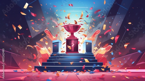 Vector illustration of a champions podium with trophies and confetti, ideal for victorythemed artwork and posters photo