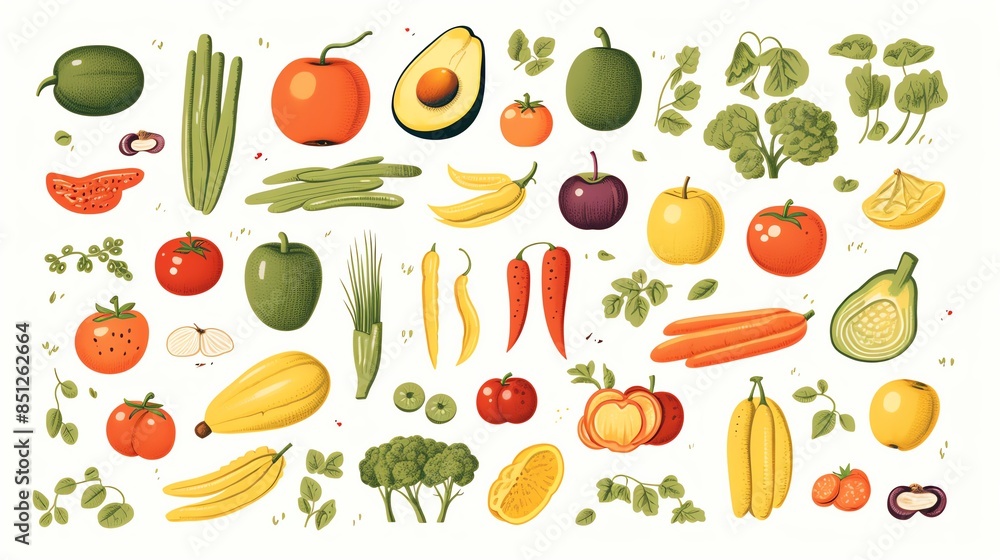 Healthy food vector set featuring fruits, vegetables, and grains, perfect for nutritional guides and recipe illustrations Healthy food vector set featuring fruits, vegetables, and grains, perfect for nutritional guides and recipe illustrations