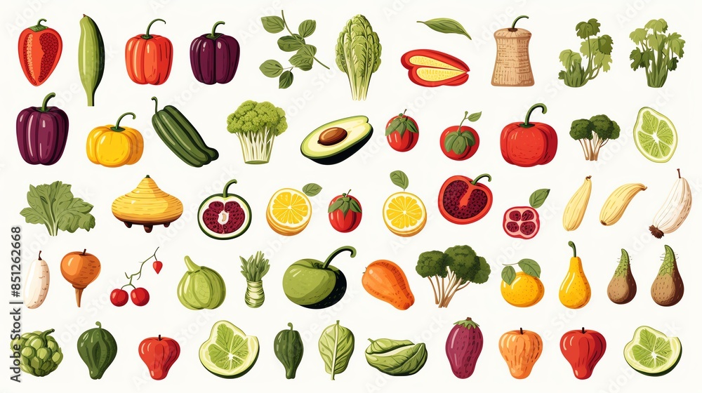 Healthy food vector set featuring fruits, vegetables, and grains, perfect for nutritional guides and recipe illustrations Healthy food vector set featuring fruits, vegetables, and grains, perfect for nutritional guides and recipe illustrations