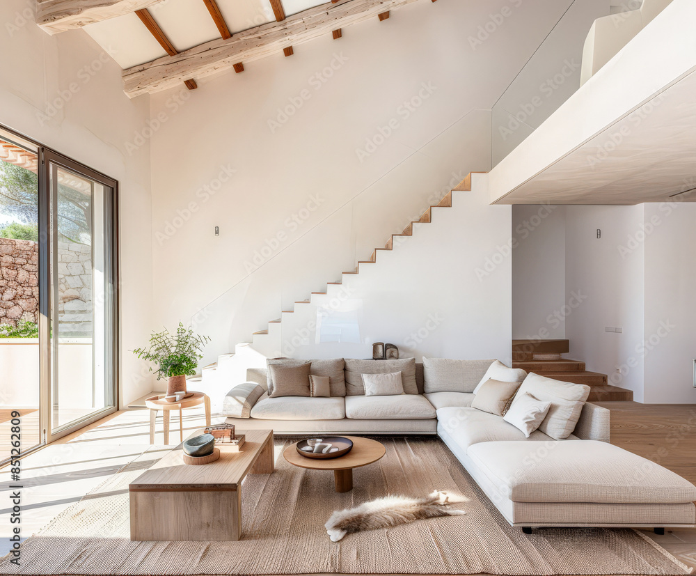 Fototapeta premium Minimalist interiors composition in warm tones with minimal furniture and window lighting. Luxury Real Estate interior design composition.