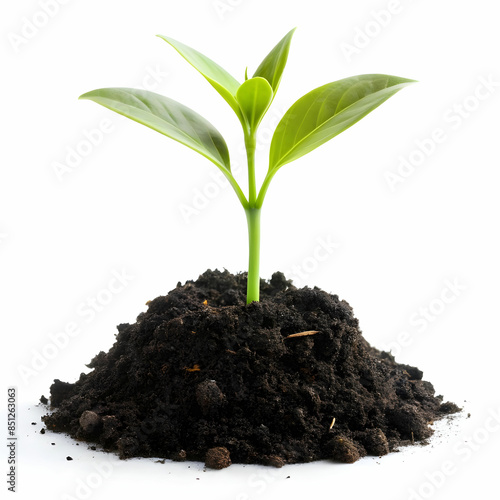 Small green plant in a mound of soil on a white background