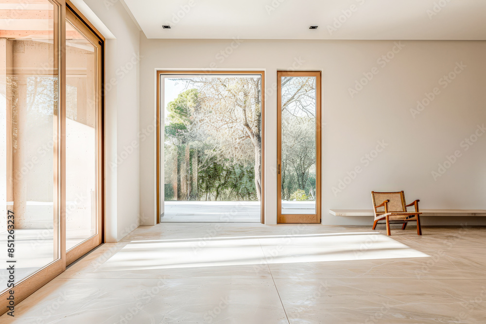 Obraz premium Minimalist interiors composition in warm tones with minimal furniture and window lighting. Luxury Real Estate interior design composition.