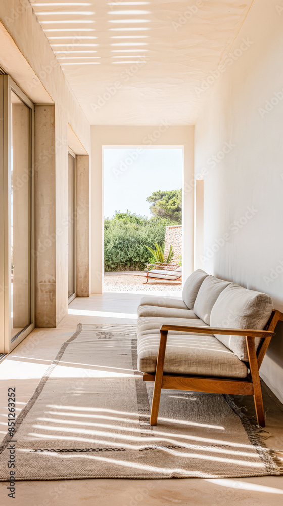 Obraz premium Minimalist interiors composition in warm tones with minimal furniture and window lighting. Luxury Real Estate interior design composition.