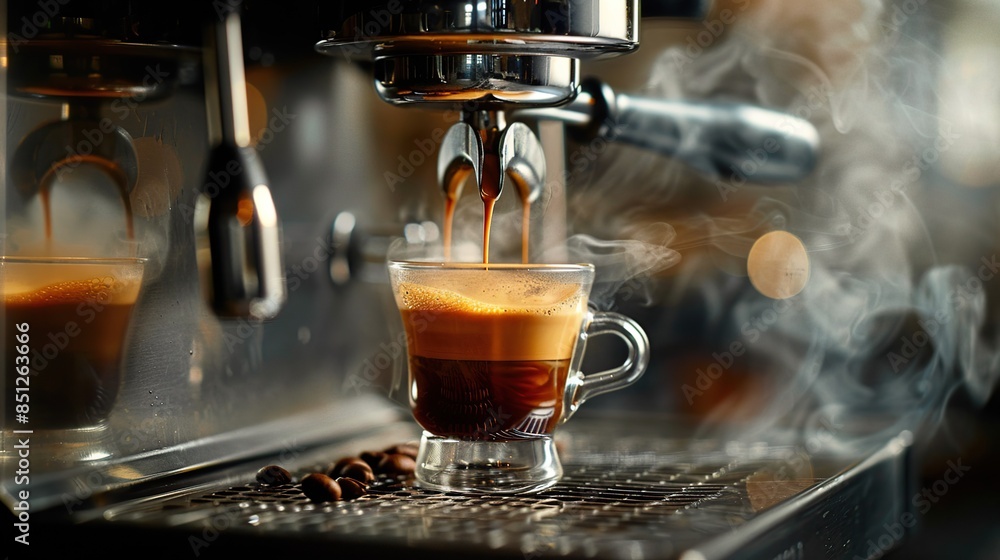 Glass of Espresso Brewed from a High-End Stainless Steel Coffee Machine Glass of Espresso Brewed from a High-End Stainless Steel Coffee Machine